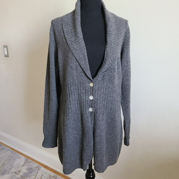 Precious Fibers 100% Cashmere Gray Long Shawl Collar Cardigan Sweater L Coatigan - Picture 3 of 8